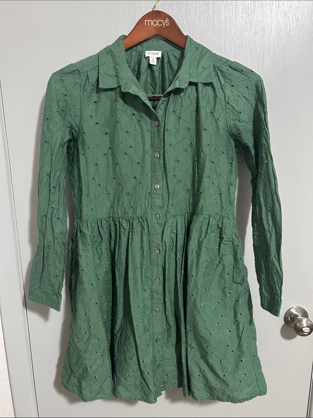 J. Crew Green Eyelet Button-Front Shirt Dress with Pockets Size 8 100% Cotton
